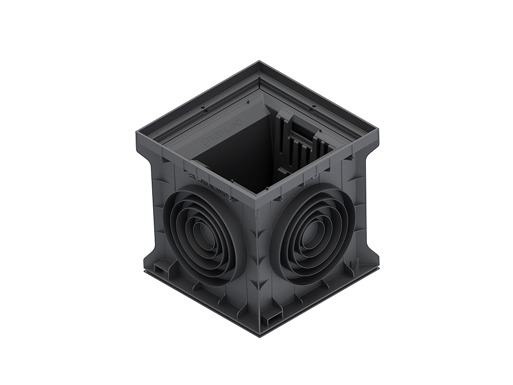 Пластиковый дождеприемник BASE 400X400, черный, с корзиной и гидрозатвором и выпусками D75-110-160-200-250 мм, класс нагрузки C250